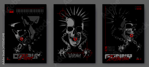 Retro futuristic posters skulls from different angles, Geometric objects and graffiti inscriptions, isolated Vector work