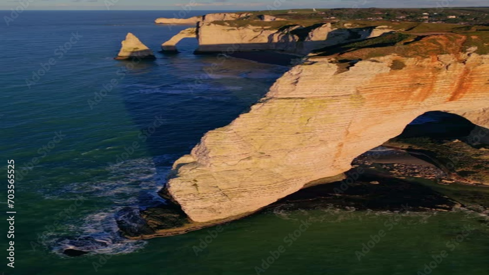 Aerial 4k drone view of Etretat. L'Aiguille, The Needle, Famous ...