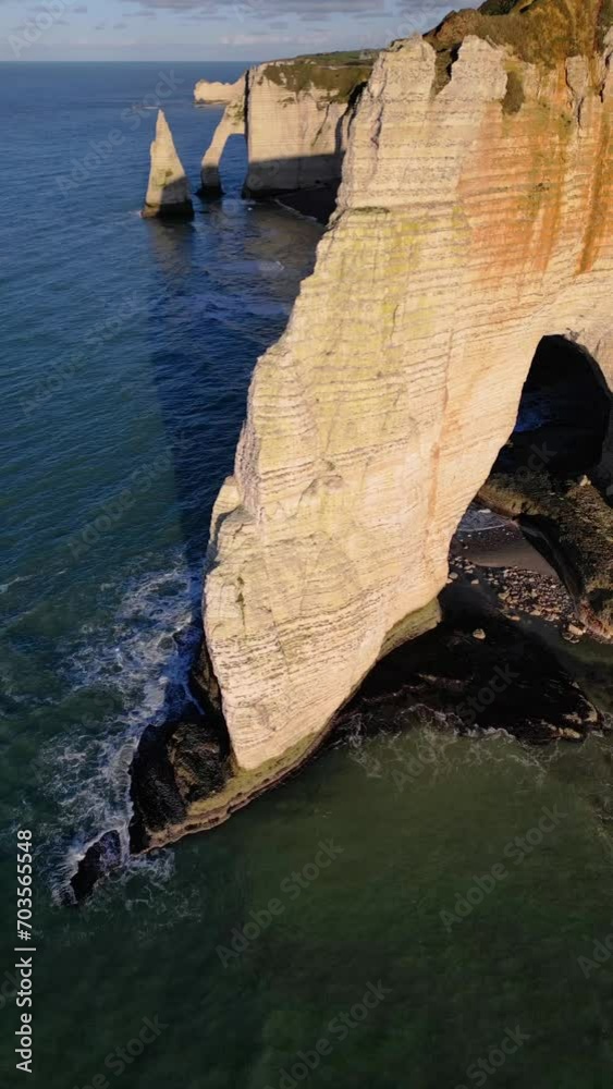 Aerial 4k drone view of Etretat. L'Aiguille, The Needle, Famous ...