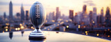 A trophy with a rugby ball design stands before a cityscape at dusk. City lights at twilight. Symbol of sportsmanship and victory. An American football.