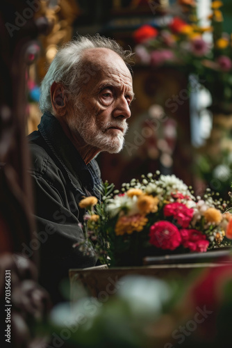 Old man with flowers standing near coffin at funeral 