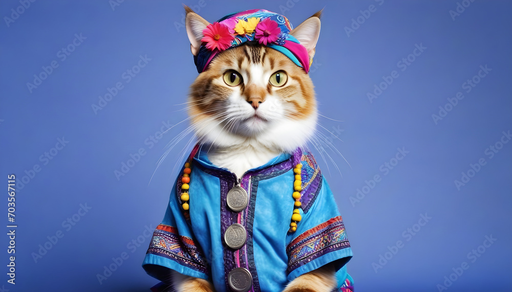 Cat dressed in hippy clothes. Humanization of animals concept.