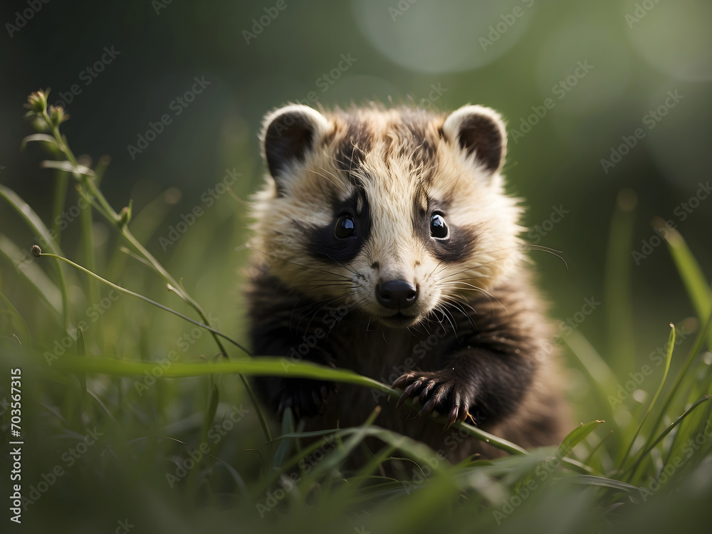 A tiny baby badger explores the grass, innocence and curiosity in a heartwarming scene of nature's delicate beauty.
