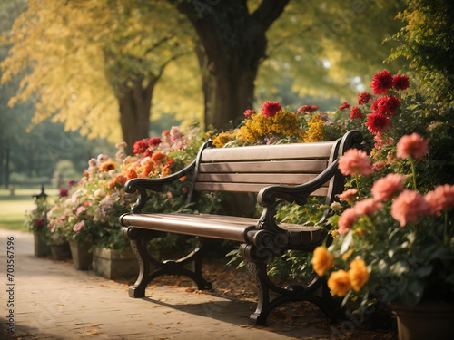 Art bench and flowers in the morning in an English park Design. photo