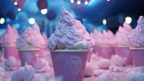 A group of pink cotton candy cones in a carnival full of lights  -Generative Ai photo