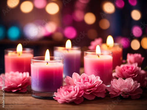 Colorful dreamy candles on bokeh background on wooden table surrounded with pink flowers. Dreamy design  Candles against bokeh lights background for clean Spa  valentine  wedding theme. 