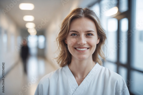 medium shot front view of young age swedish female doctor or nurse in white clinical outfit looking at camera while standing in modern white hospital, copy space, design template