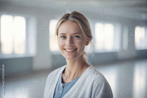 medium shot front view of young age blond swedish female doctor in doctors outfit looking at camera while standing in modern white hospital, copy space, design template photo