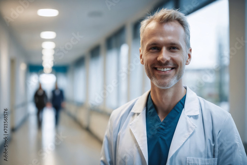medium shot front view of old age swedish male doctor in doctors outfit looking at camera while standing in modern white hospital, copy space, design template