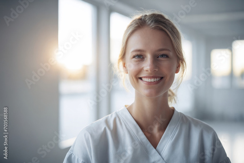 medium shot front view of young age swedish female doctor in doctors outfit looking at camera while standing in modern white hospital, copy space, design template photo