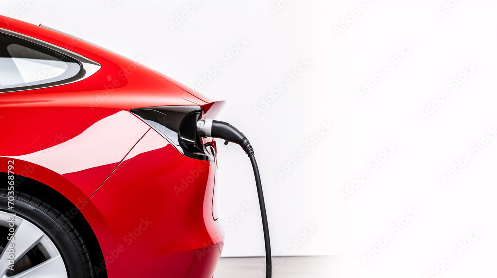 Modern electric vehicle plugged into charging station, isolated on white background.