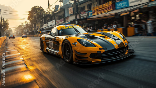 photo taken by a camera on a racing track, in the style of dark black and yellow, poster, batik, sigma 85mm f/1.4 dg hsm art, beautiful, dynamic and action-packed, made of rubber created by ai © gustav