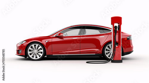 Modern electric vehicle plugged into charging station  isolated on white background.