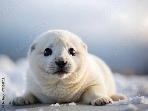 An adorable infant harp seal rests on the ice, its fluffy white fur contrasting with the frozen landscape, epitomizing the innocence and beauty of Arctic wildlife in a heartwarming icy tableau.