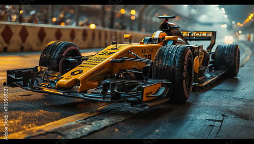 photo taken by a camera on a racing track, in the style of dark black and yellow, poster, batik, sigma 85mm f/1.4 dg hsm art, beautiful, dynamic and action-packed, made of rubber created by ai