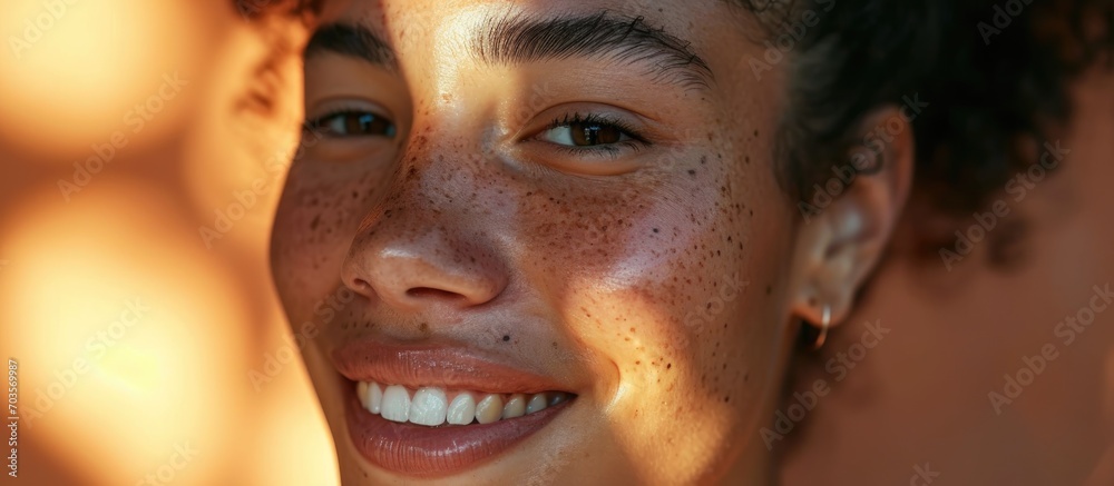 Happy woman using beauty products for healthy skincare and aesthetic shine. Young model with face freckles using cosmetic products and sunscreen for wellness and melasma. - obrazy, fototapety, plakaty 