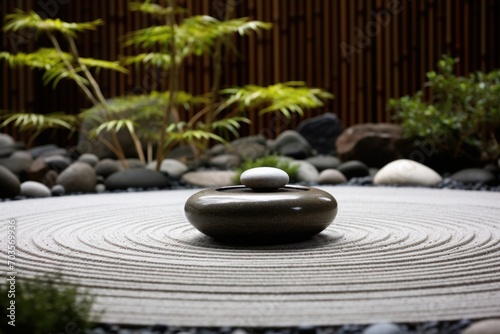 Balanced stones in a serene setting, meditation garden with circular pattern, spa still life