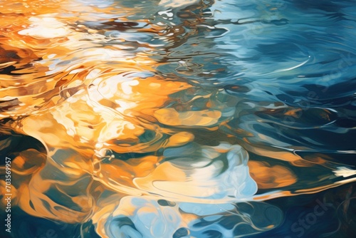 Abstract blue and peach fuzz water background, sunlit reflection in the water