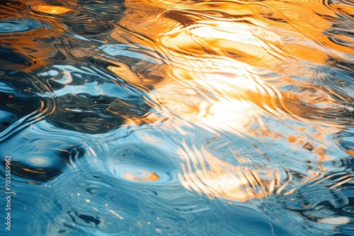Yellow and blue water abstract nature background, sun peach fuzz reflection