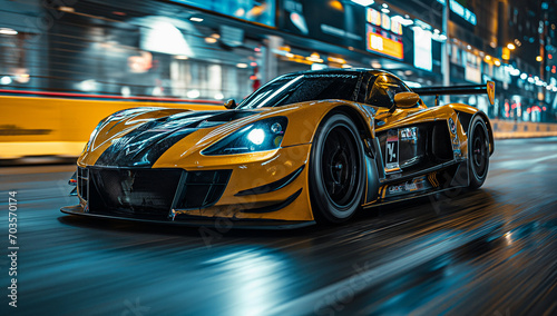 photo taken by a camera on a racing track  in the style of dark black and yellow  poster  batik  sigma 85mm f 1.4 dg hsm art  beautiful  dynamic and action-packed  made of rubber created by ai