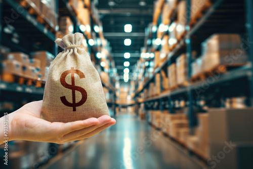 Trade in goods and production. Profit from trading. Import and export. Warehousing logistics. Delivering. Money bag on background of modern distribution warehouse or shipping warehouse. Blurred photo