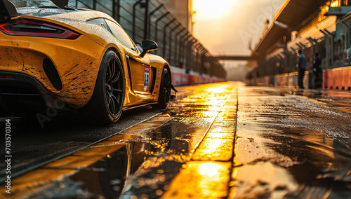 photo taken by a camera on a racing track, in the style of dark black and yellow, poster, batik, sigma 85mm f/1.4 dg hsm art, beautiful, dynamic and action-packed, made of rubber created by ai photo