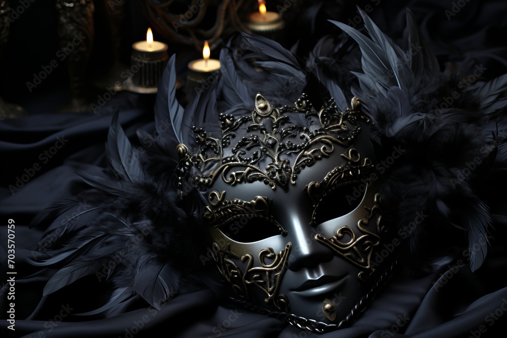 Black Venetian Carnival Mask with Feathers on Dark Background, Masquerade Concept