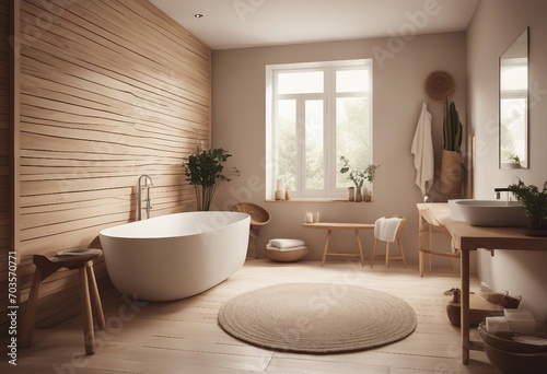 Boho Scandinavian style in home interior background Beige bathroom with natural wooden furniture