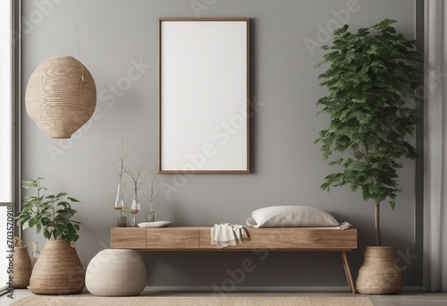 Vertical canvas mockup in minimal japandi interior background with plant tree and rustic decor 3d render
