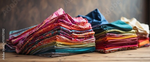 Colorful Fabrics Folded on a Wooden Table