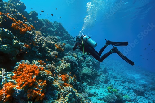 Underwater scuba diving adventure among coral reefs