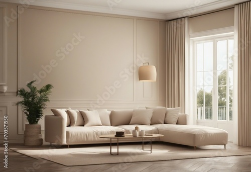 Coastal design room Mockup beige stucco wall in cozy home interior background Hampton style 3d render © FrameFinesse