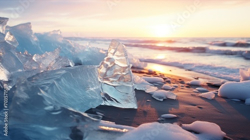 Frozen icey sea at sunset. Beautiful winter landscape with ice floes. photo