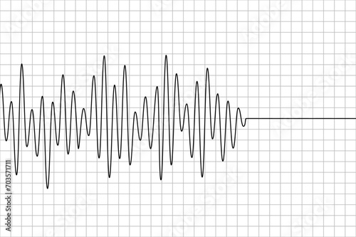 Polygraph wave line on graph paper. Black earthquake pattern isolated on white background. Seismograph icon. Detector lie. Richter scale. Seismometer vibration. Record oscillation. Vector illustration