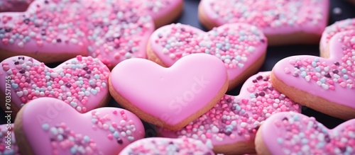 Valentine's Day preparation: Heart-shaped cookies with pink icing and heart sprinkles.