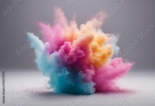 Colored dusty powder explosion on a grey background Abstract closeup dust on backdrop
