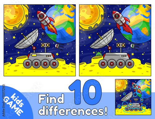 Educational space kids game. Puzzle Find 10 differences for children. Lunar rover on the surface of the Moon on the background of the planet Earth, Sun, flying space rocket and stars. Colored vector.