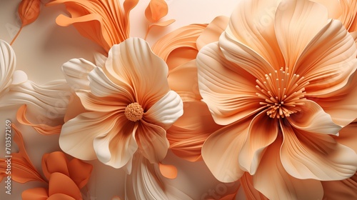Vibrant Geometric Fantasy Flowers in Abstract 3D Render on Peach Fuzz Background. Banner