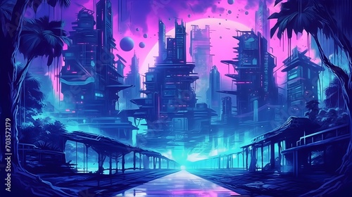 Futuristic City Skyline Against a Vivid Twilight Sky With a Large Moon  Trees and Fauna. Synthwave wallpaper and background 