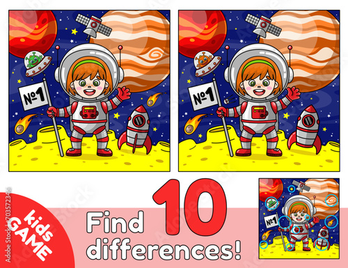 Educational space kids game. Puzzle Find 10 differences for children. Astronaut girl with spaceship on the surface of the Moon on the background of the planets and stars. Activity book. Color vector.