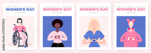 International Womens Day poster set. Inspire inclusion 2024 campaign. Group of women of different ethnicity, age, body type, hair color vector illustration in faceless flat style.