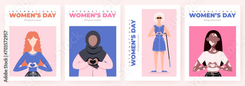 International Womens Day poster set. Inspire inclusion 2024 campaign. Group of women of different ethnicity, age, body type, hair color vector illustration in faceless flat style.