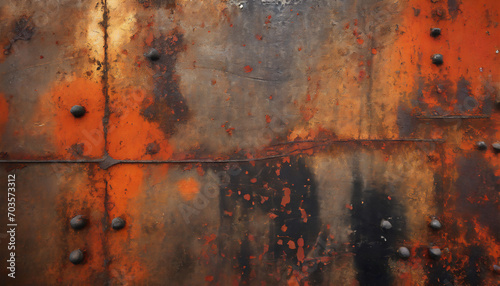 Steampunk style surface, rusty and worn metal with red, black and orange tones and visible welds photo