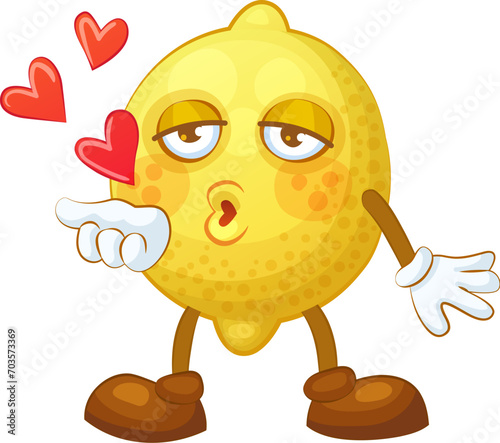 Happy lemon character sending love vector illustration, cute citrus cartoon icon isolated on white background, funny fruit blowing kisses and hearts
