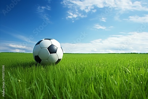 a soccer ball lies on the bright green grass against the blue sky