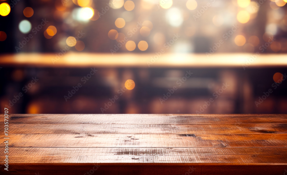 The wooden table sits bare, surrounded by blurred lights in the background. The wooden table sits bare, surrounded by blurred lights in the background.