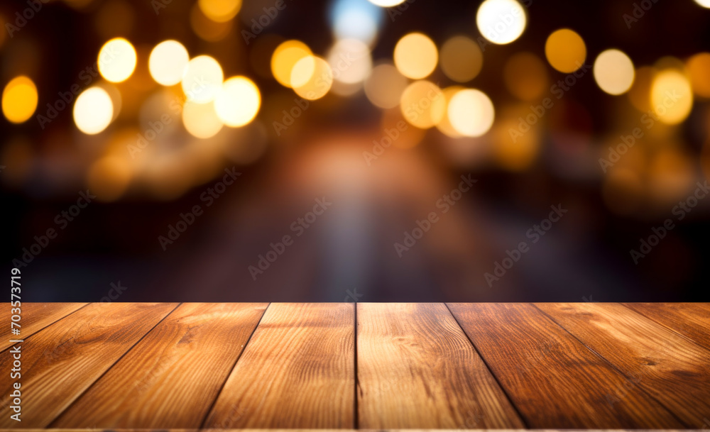 The wooden table sits bare, surrounded by blurred lights in the background. The wooden table sits bare, surrounded by blurred lights in the background.