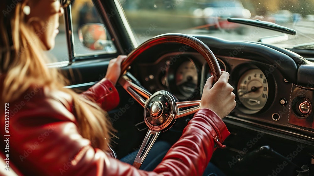 Obraz premium Stylish woman holding a steering wheel while driving a vintage car