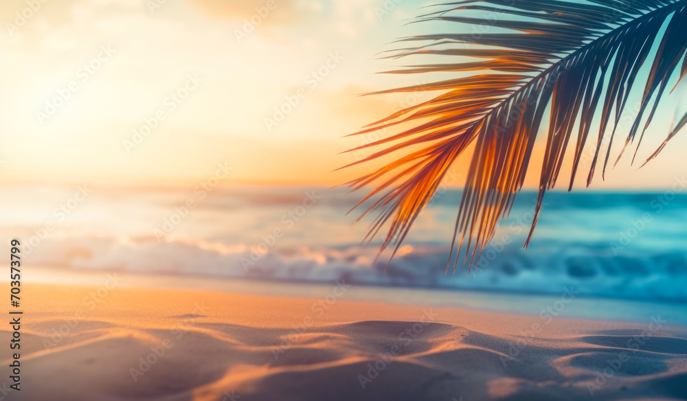 Palm tree branches form a shady retreat on the sandy shores of the tropical island during summer.