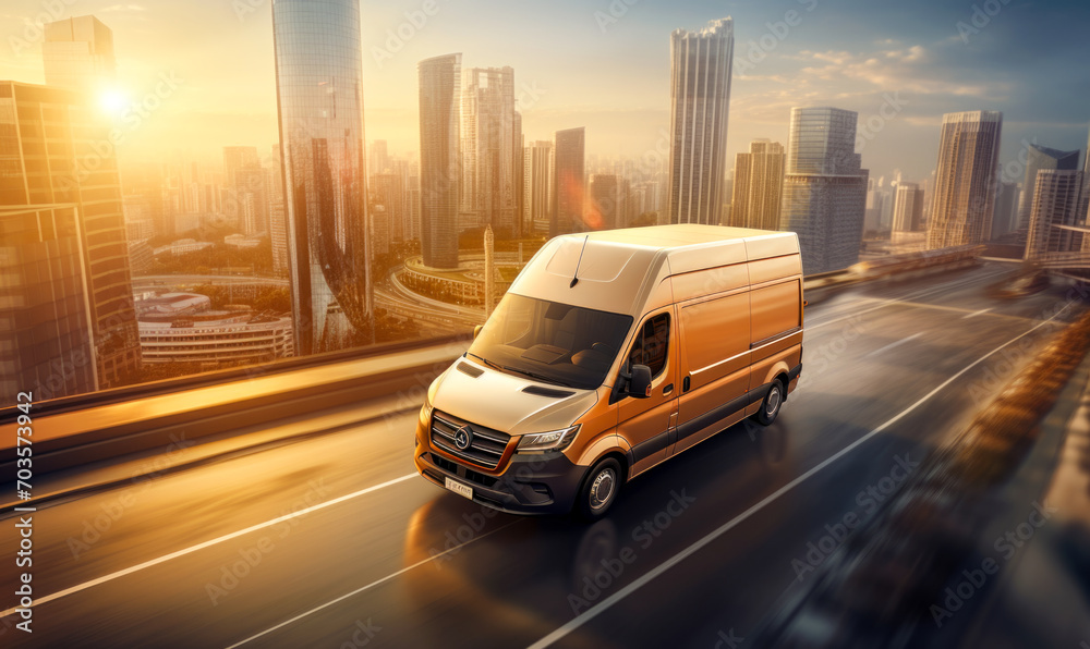 A van maneuvers through the bustling city streets as a commercial delivery truck showcases its services, serving as a remarkable mock-up for a reputable cargo company A van maneuvers through the bustling city streets as a commercial delivery truck showcases its services, serving as a remarkable mock-up for a reputable cargo company